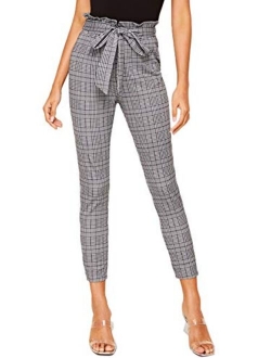 Yidarton Womens Cropped Pants Paper Bag Waist Self-tie Belted Pants Casual Trousers with Pockets