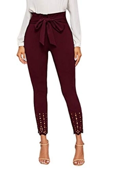 Yidarton Womens Cropped Pants Paper Bag Waist Self-tie Belted Pants Casual Trousers with Pockets