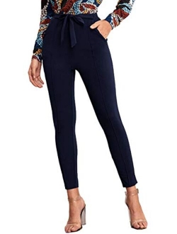 Yidarton Womens Cropped Pants Paper Bag Waist Self-tie Belted Pants Casual Trousers with Pockets