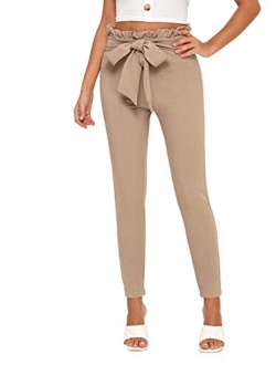 Yidarton Womens Cropped Pants Paper Bag Waist Self-tie Belted Pants Casual Trousers with Pockets