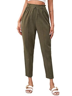 Yidarton Womens Cropped Pants Paper Bag Waist Self-tie Belted Pants Casual Trousers with Pockets