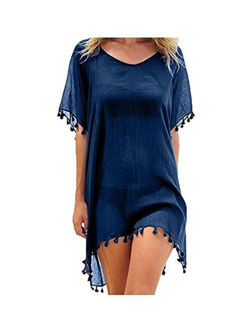 Multitrust Women Perspective Stripe Print Tassel Swimsuit Cover Up Dress Kaftan Bikini Swimwear Cover-Ups