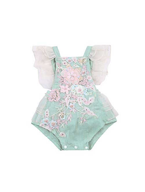 Multitrust Toddler Baby Girls Floral Print Ruffled Sleeve Onesies Romper Bodysuit Baby Summer Jumpsuit Onesie Outfits