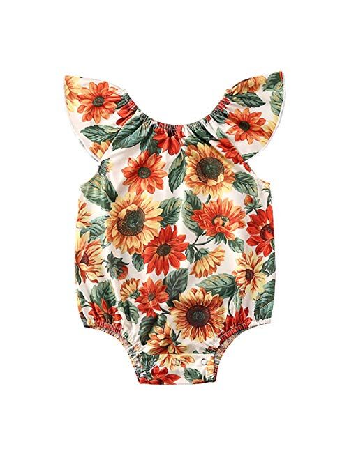 Multitrust Toddler Baby Girls Floral Print Ruffled Sleeve Onesies Romper Bodysuit Baby Summer Jumpsuit Onesie Outfits