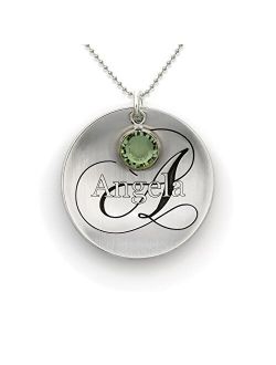 Personalized Name Necklace With Birthstone, Sterling Silver Pendant Showcases a Name and Monogramm Initial