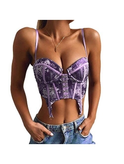 Sexy Women Deep V Neck Spaghetti Strap Lace Vest Croset Tank Top Satin Y2K Cami Shirts Camisole Streetwear