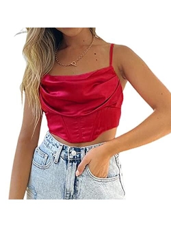 Sexy Women Deep V Neck Spaghetti Strap Lace Vest Croset Tank Top Satin Y2K Cami Shirts Camisole Streetwear