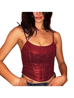 Sexy Women Deep V Neck Spaghetti Strap Lace Vest Croset Tank Top Satin Y2K Cami Shirts Camisole Streetwear