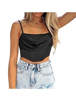 Sexy Women Deep V Neck Spaghetti Strap Lace Vest Croset Tank Top Satin Y2K Cami Shirts Camisole Streetwear