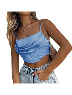 Sexy Women Deep V Neck Spaghetti Strap Lace Vest Croset Tank Top Satin Y2K Cami Shirts Camisole Streetwear