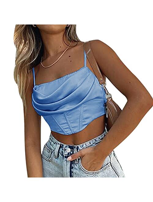 Multitrust Sexy Women Deep V Neck Spaghetti Strap Lace Vest Croset Tank Top Satin Y2K Cami Shirts Camisole Streetwear