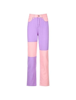 Women High Waisted Patchwork Straight Jeans Denim Color Block Distressed Capris Denim Pants Trousers