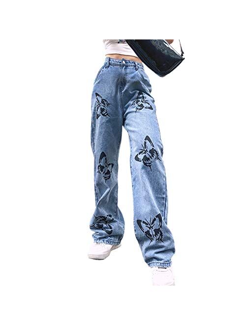 Multitrust Women High Waisted Patchwork Straight Jeans Denim Color Block Distressed Capris Denim Pants Trousers