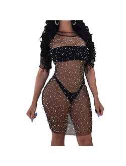 Sexy Women Sequins See Through Mesh Bikini Swimsuit Cover Up Dress Short Sleeve Swimwear Beach Cover-up