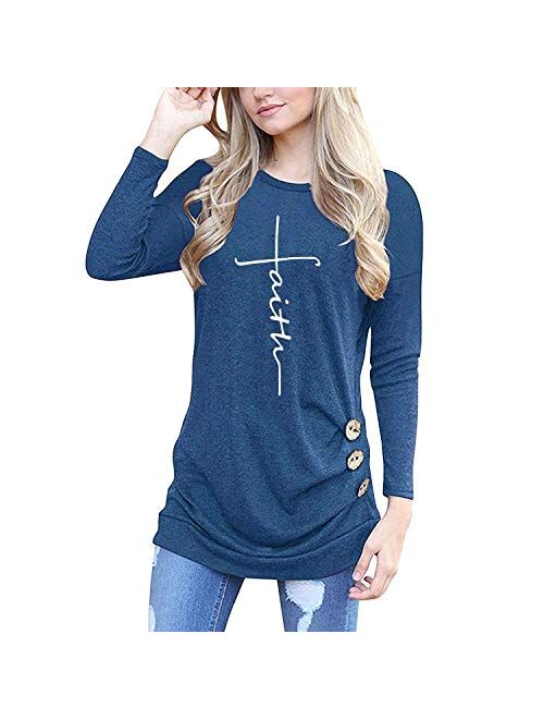 Multitrust Fashion Women Round Neck Cross Faith Letter Print T Shirt Christian Graphic Hoodie Sweatshirts