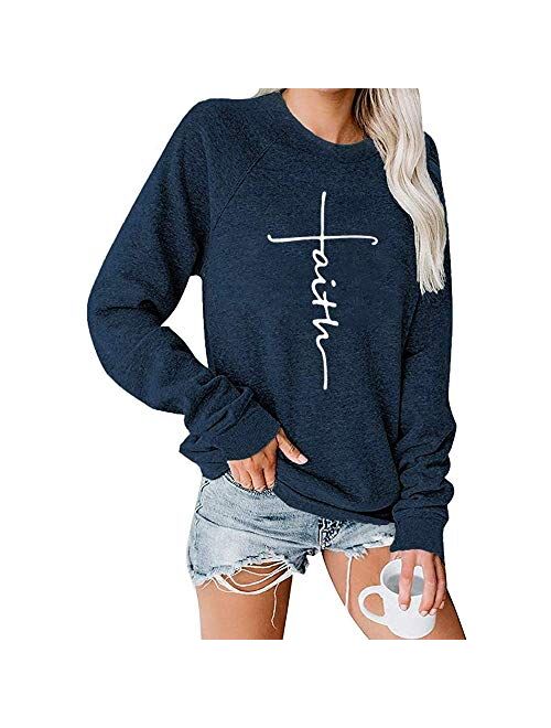 Multitrust Fashion Women Round Neck Cross Faith Letter Print T Shirt Christian Graphic Hoodie Sweatshirts