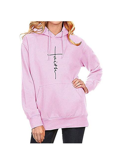 Multitrust Fashion Women Round Neck Cross Faith Letter Print T Shirt Christian Graphic Hoodie Sweatshirts