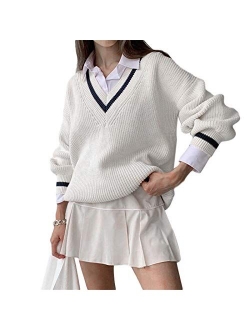 Women Girls Y2K Argyle Preppy Style Knit Sweater Top Long Sleeve Streetwear E-Girls 90s Plaid Skull Sweater Vest Pullover