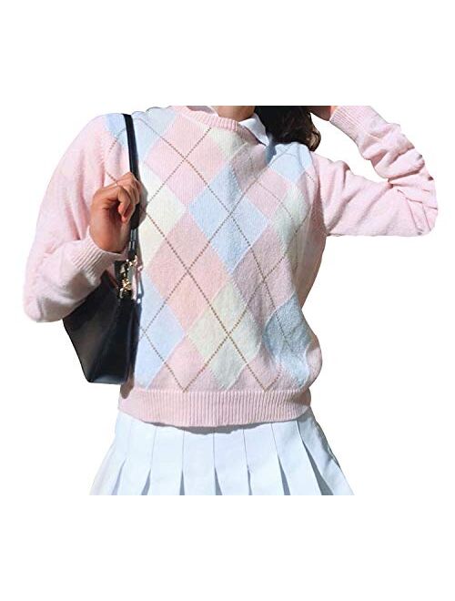 Multitrust Women Girls Y2K Argyle Preppy Style Knit Sweater Top Long Sleeve Streetwear E-Girls 90s Plaid Skull Sweater Vest Pullover