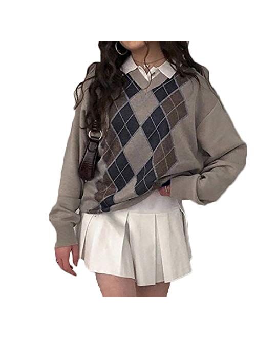 Multitrust Women Girls Y2K Argyle Preppy Style Knit Sweater Top Long Sleeve Streetwear E-Girls 90s Plaid Skull Sweater Vest Pullover