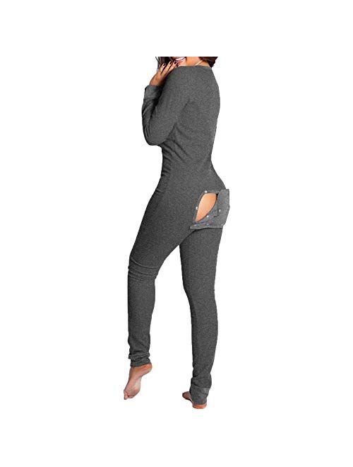 Multitrust Women Sexy Deep V Neck Funny Onesie Pajamas with Butt Flap Button Down One Piece Jumpsuit Bodysuits