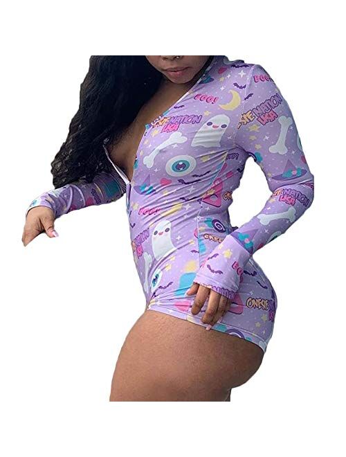 Multitrust Women Sexy Deep V Neck Funny Onesie Pajamas with Butt Flap Button Down One Piece Jumpsuit Bodysuits