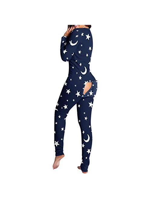 Multitrust Women Sexy Deep V Neck Funny Onesie Pajamas with Butt Flap Button Down One Piece Jumpsuit Bodysuits