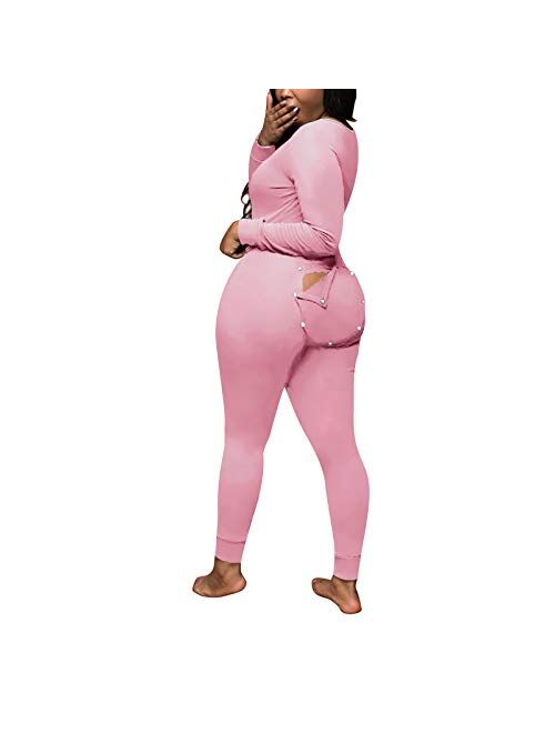 Multitrust Women Sexy Deep V Neck Funny Onesie Pajamas with Butt Flap Button Down One Piece Jumpsuit Bodysuits