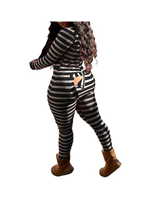 Multitrust Women Sexy Deep V Neck Funny Onesie Pajamas with Butt Flap Button Down One Piece Jumpsuit Bodysuits