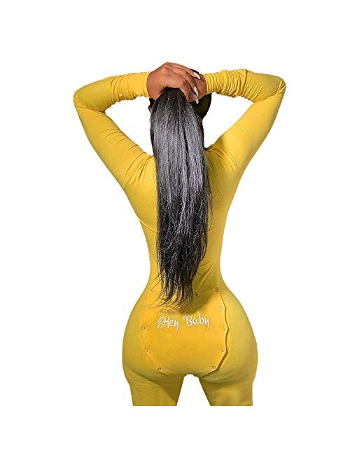 Multitrust Women Sexy Deep V Neck Funny Onesie Pajamas with Butt Flap Button Down One Piece Jumpsuit Bodysuits