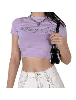 Women Girls Y2K Gothic Graphic Print Crop T Shirts Tops Round Neck Kawaii E-Girl Short Sleeve Crop Tee Top