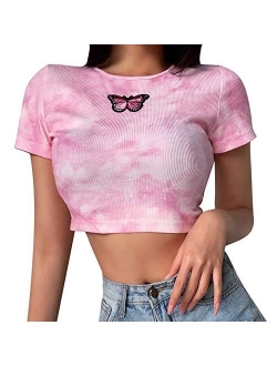 Women Girls Y2K Gothic Graphic Print Crop T Shirts Tops Round Neck Kawaii E-Girl Short Sleeve Crop Tee Top