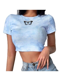 Women Girls Y2K Gothic Graphic Print Crop T Shirts Tops Round Neck Kawaii E-Girl Short Sleeve Crop Tee Top