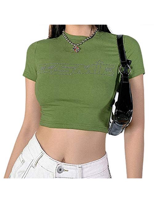 Multitrust Women Girls Y2K Gothic Graphic Print Crop T Shirts Tops Round Neck Kawaii E-Girl Short Sleeve Crop Tee Top