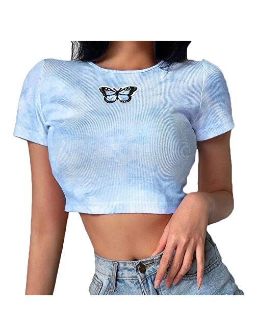 Multitrust Women Girls Y2K Gothic Graphic Print Crop T Shirts Tops Round Neck Kawaii E-Girl Short Sleeve Crop Tee Top