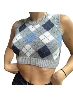 Women Girls Y2K Argyle Preppy Style Knit Sweater Tank Top Streetwear E-Girls 90s Plaid Sweater Vest Pullover