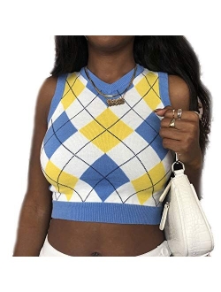 Women Girls Y2K Argyle Preppy Style Knit Sweater Tank Top Streetwear E-Girls 90s Plaid Sweater Vest Pullover