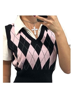 Women Girls Y2K Argyle Preppy Style Knit Sweater Tank Top Streetwear E-Girls 90s Plaid Sweater Vest Pullover