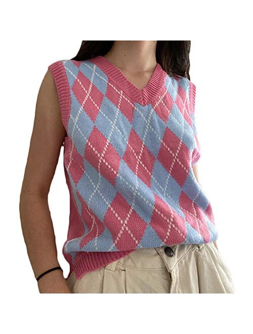 Multitrust Women Girls Y2K Argyle Preppy Style Knit Sweater Tank Top Streetwear E-Girls 90s Plaid Sweater Vest Pullover