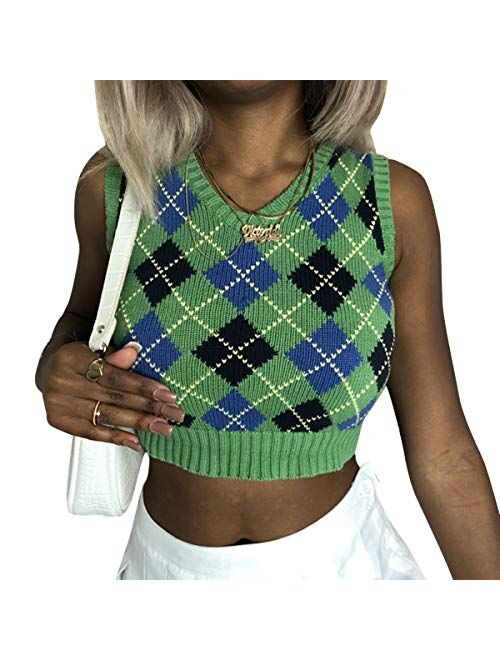 Multitrust Women Girls Y2K Argyle Preppy Style Knit Sweater Tank Top Streetwear E-Girls 90s Plaid Sweater Vest Pullover