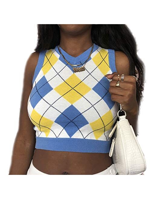 Multitrust Women Girls Y2K Argyle Preppy Style Knit Sweater Tank Top Streetwear E-Girls 90s Plaid Sweater Vest Pullover