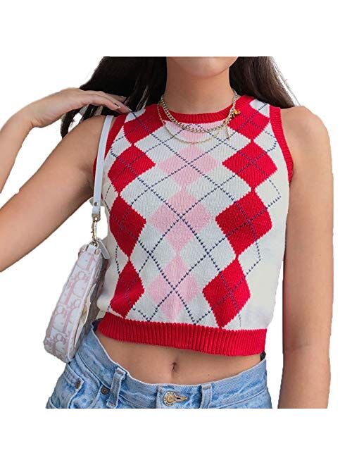 Multitrust Women Girls Y2K Argyle Preppy Style Knit Sweater Tank Top Streetwear E-Girls 90s Plaid Sweater Vest Pullover