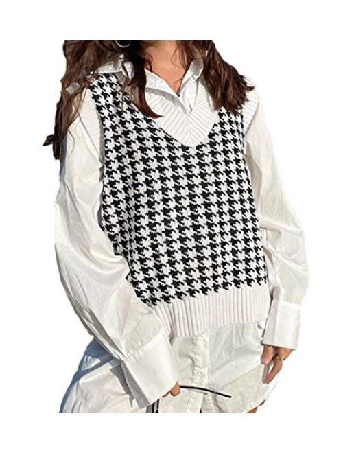 Multitrust Women Girls Y2K Argyle Preppy Style Knit Sweater Tank Top Streetwear E-Girls 90s Plaid Sweater Vest Pullover