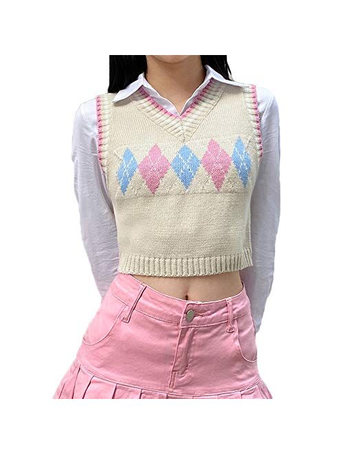 Multitrust Women Girls Y2K Argyle Preppy Style Knit Sweater Tank Top Streetwear E-Girls 90s Plaid Sweater Vest Pullover