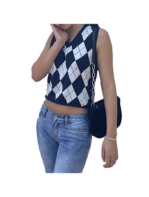 Multitrust Women Girls Y2K Argyle Preppy Style Knit Sweater Tank Top Streetwear E-Girls 90s Plaid Sweater Vest Pullover