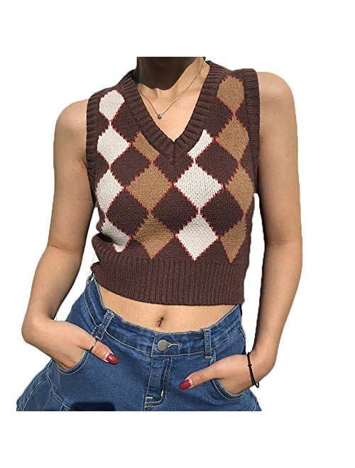 Multitrust Women Girls Y2K Argyle Preppy Style Knit Sweater Tank Top Streetwear E-Girls 90s Plaid Sweater Vest Pullover