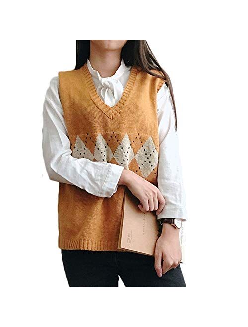 Multitrust Women Girls Y2K Argyle Preppy Style Knit Sweater Tank Top Streetwear E-Girls 90s Plaid Sweater Vest Pullover