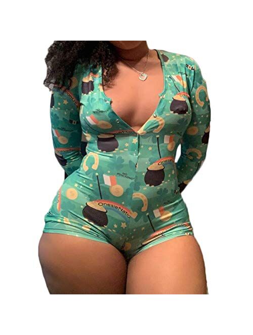 Multitrust Wome Deep V Neck Funny Print Plus Size Jumpsuit Rompers Button Down Pajamas Stretch Short Bodysuits