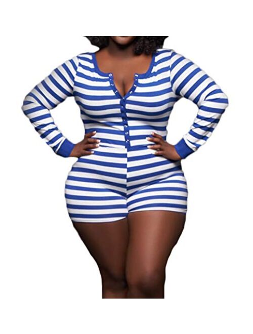 Multitrust Wome Deep V Neck Funny Print Plus Size Jumpsuit Rompers Button Down Pajamas Stretch Short Bodysuits