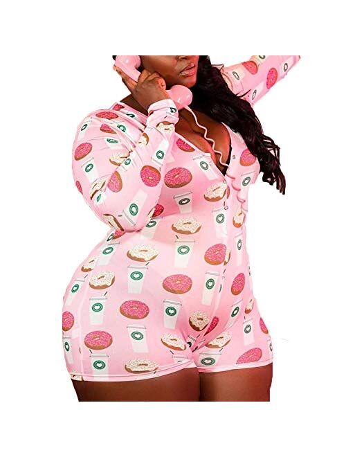 Multitrust Wome Deep V Neck Funny Print Plus Size Jumpsuit Rompers Button Down Pajamas Stretch Short Bodysuits